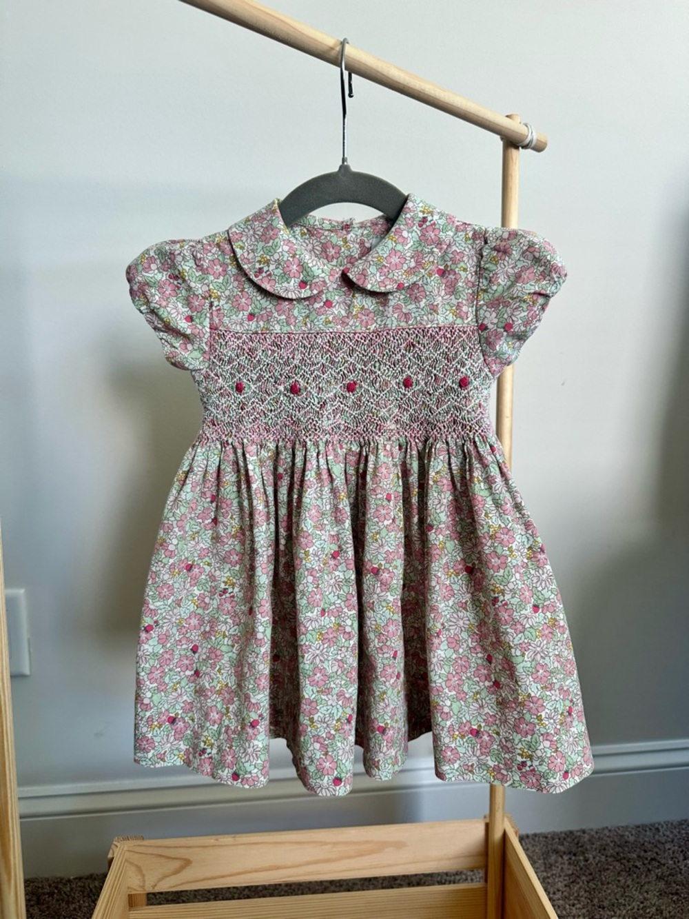 Toddler Pink Floral Hand-Smocked Dress with Peter Pan Collar